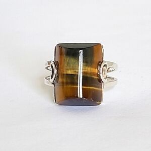 Vintage Boho Chunky Sterling Silver Tigers Eye Cabochon Ring 8